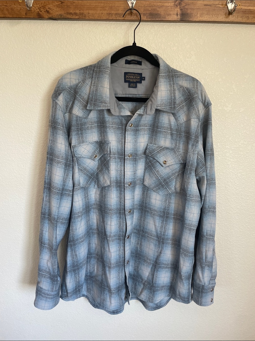 Pendleton Canyon Wool Pearl Snap Blue & Gray Plaid Western Shirt XL Flannel